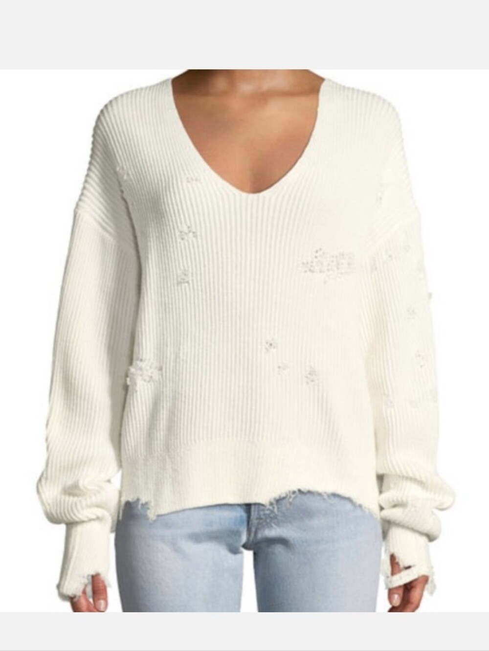 Helmut Lang V-Neck Distressed Rib Knit Sweater Long Sleeve Y2K Aesthetic Frayed